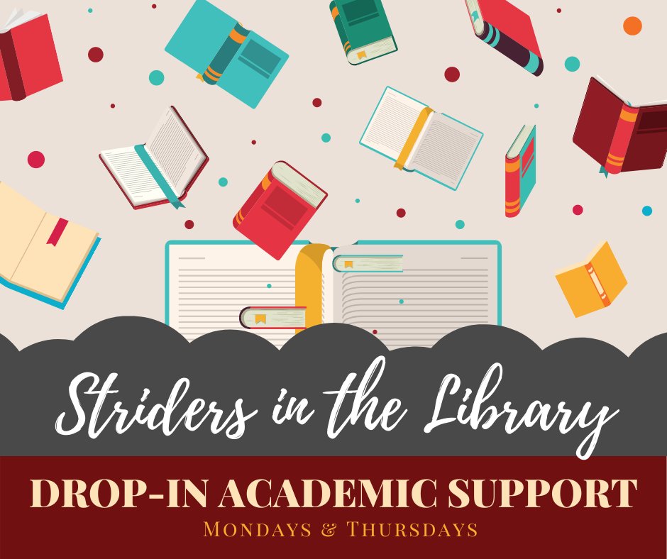Don't forget...

Chautauqua Striders is in DMS Library every Monday &amp; Thursday! 😎

Students can receive drop-in academic support in any subject area or work together with other students on assignments. 🙌