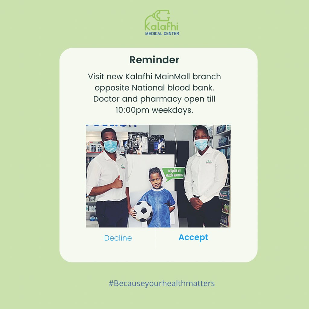 kalafhimedical's tweet photo. Strategically located in the heart of the city, visit our MainMall pharmacy and clinic for your daily medical needs. 
We are open until 10:00pm weekly, a friendly reminder 😊

#becauseyourhealthmatters https://t.co/rvKqHAtRAs