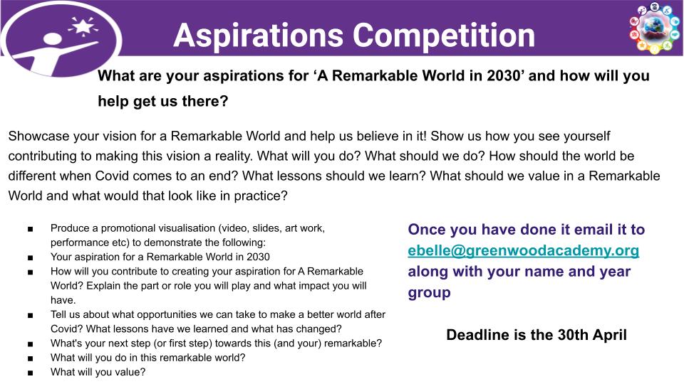 GW_Academy's tweet photo. 🚨Aspirations - Competition Alert 🚨
What do you see when you look to the future? What is your vision for a Remarkable World - share your idea and you could be a winner!
#remarkableworld
#proudtobegreenwood https://t.co/msOJDn4GF0