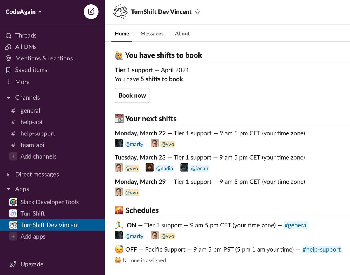 turnshiftapp's tweet photo. Our @SlackHQ  app home tab will be released tomorrow.

Access your booking reminders, shift bookings, and all current schedules. Directly from Slack!

😻 Enjoy! https://t.co/nXP0iMeOHA