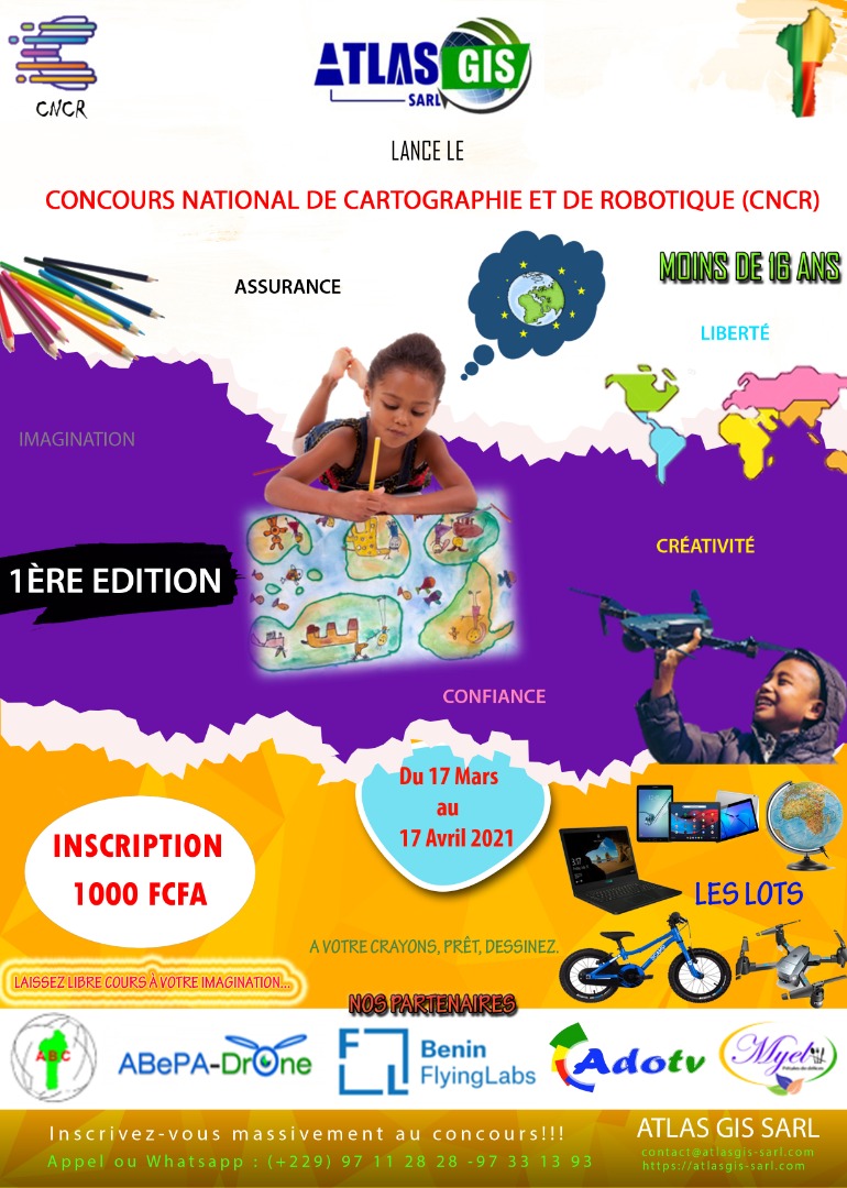 Atlas-Gis en Collaboration avec l'Association Béninoise de Cartographie et de l'Information Géographique organise la première édition du Concours National de Cartographie et de Robotique: Inscrivez massivement vos enfants de moins de 16 ans.
