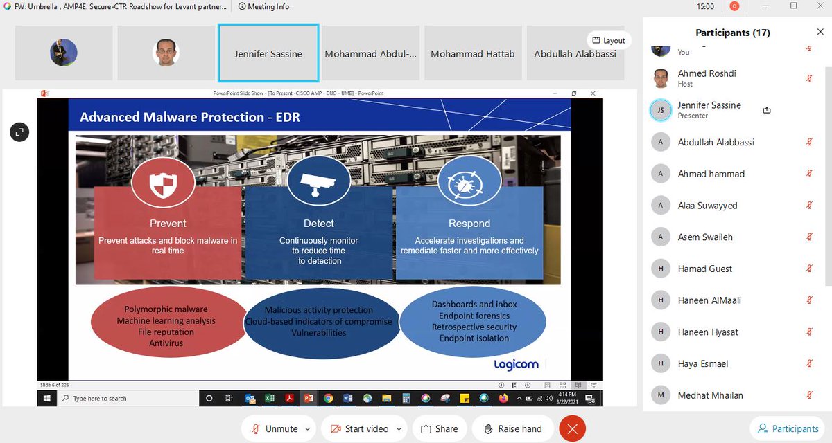 abdojafar's tweet photo. #Happeningnow @LogicomDisti #Jo Partner Enablement Webinar on @CiscoSecure ,Internal technology leads Ahmed Roshdi & #LogicomCisco expert Jennifer Sassine took attendees through the benefits of @CiscoSecure #AMP, #UMB and #dCloud Demo #LogicomEvents #WeAreCisco @CiscoDistEMEAR https://t.co/M8pMWsgR2e