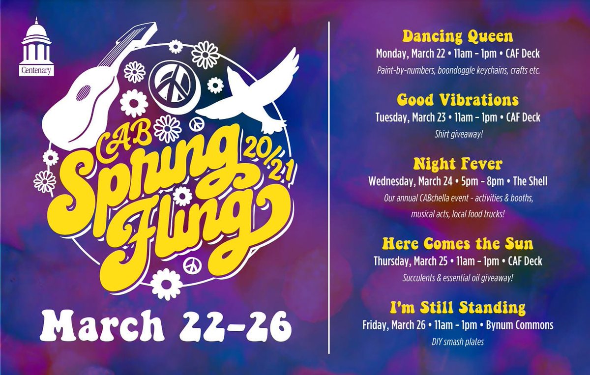 CentenaryCAB's tweet photo. What are you waiting for?? Come grab some great free giveaways, food, and make some fun memories with CAB during our week of 5 days of peace and music 🌈🎶 https://t.co/ON3S3DEBkF
