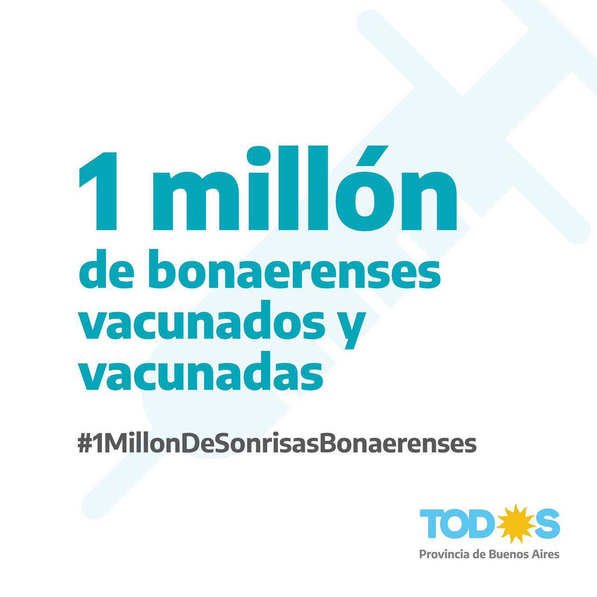 mayrasmendoza's tweet photo. 🙌 ¡Llegamos al MILLÓN de personas vacunadas en la Provincia de Buenos Aires.

Este logro es gracias esfuerzo que estamos haciendo por cuidar a toda nuestra comunidad.

Sigamos construyendo este futuro de esperanza entre todos y todas ♥️🇦🇷

#1MillonDeSonrisasBonaerenses https://t.co/b00SUd2hA1