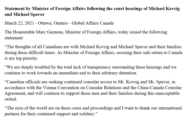 MarcGarneau's tweet photo. As Minister of Foreign Affairs, securing the safe return to Canada of Mr. Kovrig and Mr. Spavor is my top priority.

We are deeply troubled by the lack of transparency surrounding the hearings and we continue to work to end their arbitrary detention. 
 
Statement: https://t.co/K5lugcjEwo