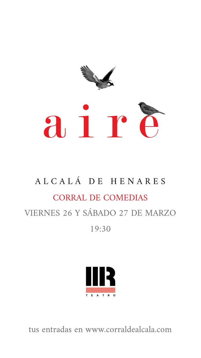 fernandomerce's tweet photo. Este viernes 26 y sábado 27 de marzo a las 19:30 llegamos al @corraldealcala de Alcalá de Henares con 'Aire', de @ThreeRTeatro.
Localidades agotadas para el sábado. Últimas entradas para el viernes en: https://t.co/N0R2VY4oNT
#aire #threer #calderon #teatro #siglodeoro https://t.co/kiFNlZTr0j