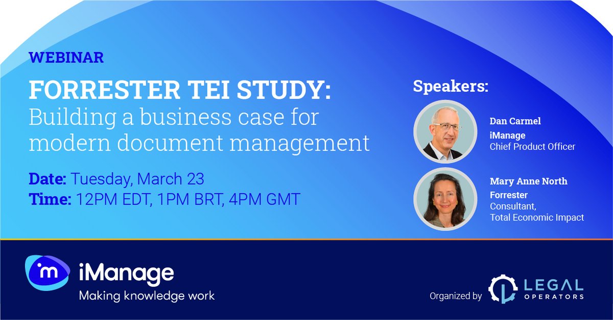 Join our webinar where a @Forrester guest speaker will be presenting a Total Economic Impact Study commissioned by iManage. Learn how to calculate ROI and show business value from your modern document management investment: bit.ly/3vkJFdj

 #DMS  #ForresterWebinar