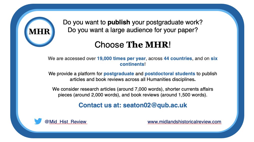 #twitterstorians #CFP The MHR is now accepting submissions. If you have an idea for an article or book review, feel free to email!