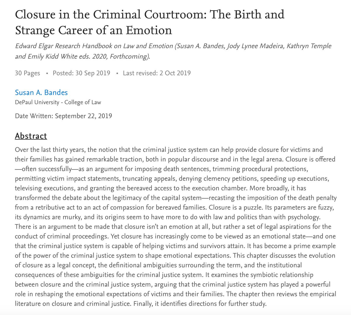 emilykiddwhite's tweet photo. Friday at 2pm, the terrifically great @BandesSusan on "Closure in the Criminal Courtroom: The Birth and Strange Career of an Emotion” (forthcoming EE Handbook) at @jodymadeira's @IUCLSC workshop on Law &amp; Emotion. 

Register: https://t.co/jFy3YqKkak

Paper: https://t.co/00LLMTWDZi https://t.co/Y0r23IYEfl