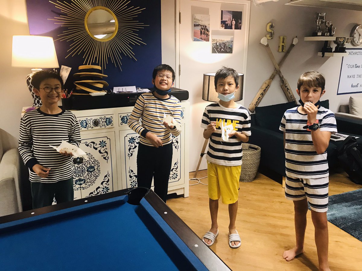 HHKSShackleton's tweet photo. Great to have the #boysofshackleton boarders back in the Compass Room and into the swing of our Monday evening routine! Sushi, darts, pool, stripy pyjamas, and a lot of laughs! @Harrow_HK @HeadHarrowHK #ShackletonFamily #boardinglife #GreatBeBack https://t.co/57VSrelwj5