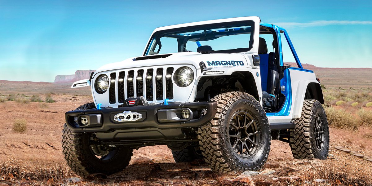 Jeep's tweet photo. The 2021 EJS Concepts embody fun, freedom and power. The Jeep® Magneto BEV is all-electric and astoundingly capable, while the Jeepster Beach resto-mod throws a turbocharged engine into a reimagined classic. https://t.co/f5hwjYO3ur