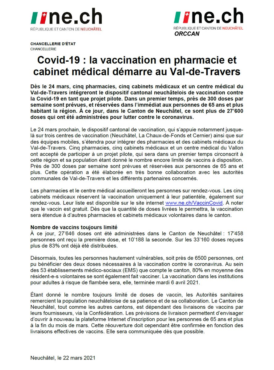 Canton De Neuchatel On Twitter Coronainfoch Des Le 24 Mars Cinq Pharmacies Cinq Cabinets Medicaux Et Un Centre Medical Du Val De Travers Integreront Le Dispositif Cantonal Neuchatelois De Vaccination Contre La Covid 19 En