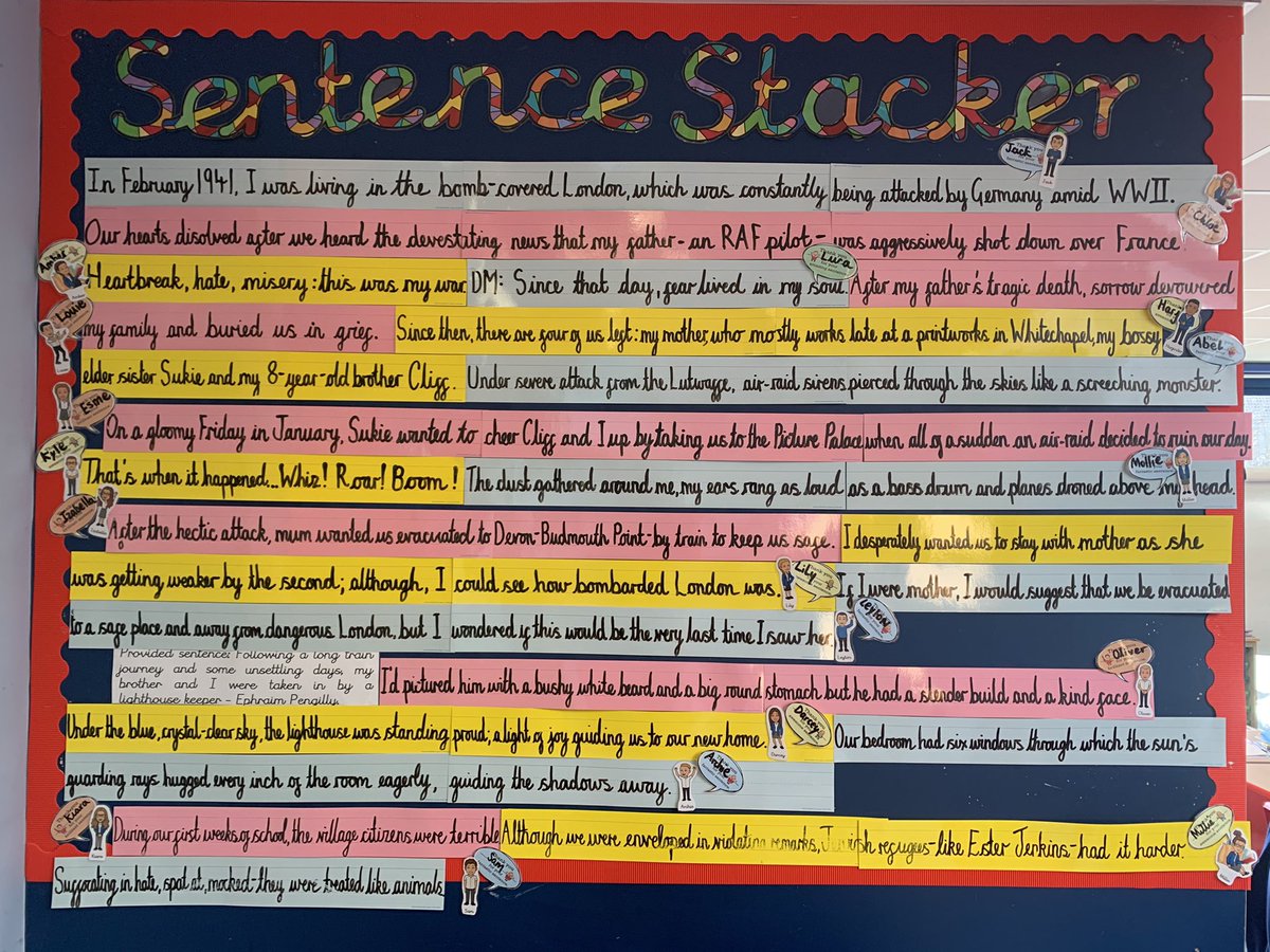 MrsFieldloves's tweet photo. Our sentence stacking wall is almost completed after starting The Write Stuff by @janeconsidine a few weeks ago. Yr6 did a recount using Letters from the Lighthouse &amp; really enjoyed it. Can’t wait to do a non-fiction unit after Easter. #thewritestuff #lettersfromthelighthouse https://t.co/7lBFIFAtG8