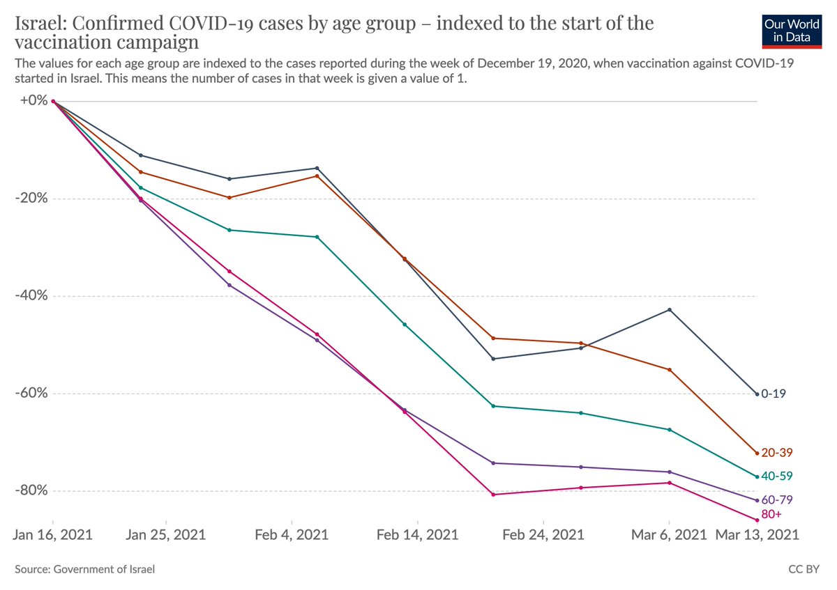 MaxCRoser's tweet photo. @NateSilver538 Also interesting to look at it by age group. This chart is indexed to the peak of cases and shows the relative decline since then.

The plateau was mostly due to a plateau and even slight temporary rise among the younger people (who get vaccinated last). https://t.co/85NtQ7DEg6