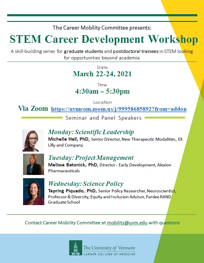 Join the CMC annual STEM career workshop today, tomorrow and Wednesday 4:30-5:30! Our featured speakers will talk about scientific leadership, project management and science policy #phdchat #STEMeducation #careerdevelopment