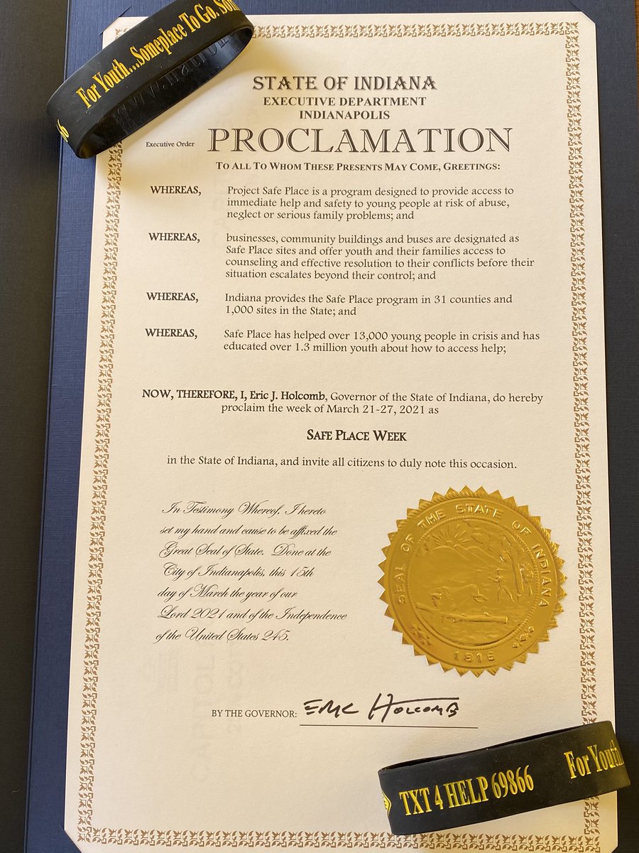 INYouthServices's tweet photo. Governor Holcomb proclaims the week of March 21 - 27, 2021 as “Safe Place Week”!  #nationalsafeplaceweek https://t.co/QpGsBxzEAV