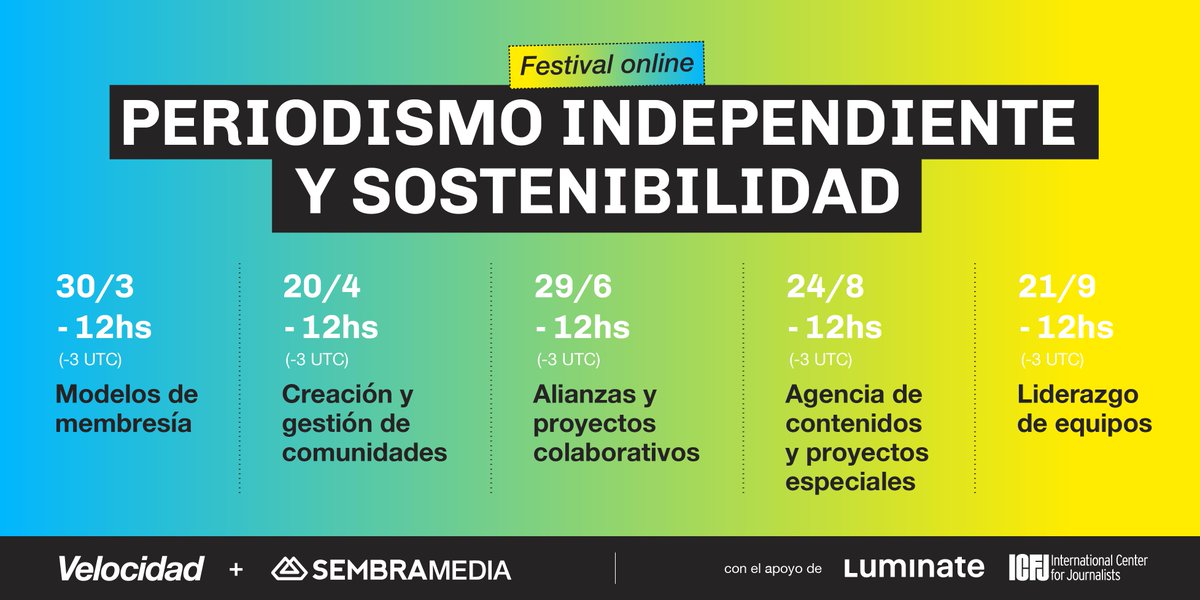 sembramedia's tweet photo. 📣 Súmate al Festival de periodismo independiente y sostenibilidad 📣 

Durante 5 encuentros nos sumergimos en diferentes modelos de negocio, liderazgos y aprendizajes junto a medios de #FondoVelocidad y el equipo de @sembramedia 🙌🏽

Info: ➡️  https://t.co/mitAGGr3K0 ⬅️ https://t.co/h36hIn5ZWo