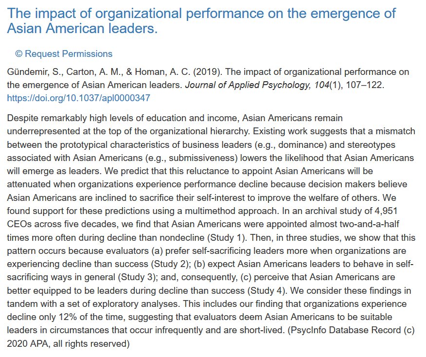 Asian Americans are underrepresented in leadership roles.

Data: we expect leaders to be dominant, but stereotype Asian Americans as submissive.

Since they're also stereotyped as self-sacrificing, they get promoted to lead during decline, when the odds are stacked against them.
