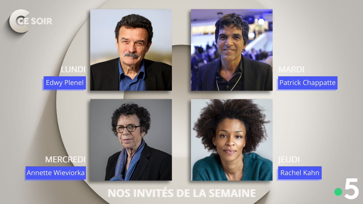 Ccesoir's tweet photo. #CCeSoir, c'est votre rendez-vous quotidien du lundi au jeudi sur @France5tv à partir de 22h30. 

Cette semaine nous recevons : 

🔹Lundi : Edwy Plenel (@edwyplenel)
🔹Mardi : Patrick Chappatte (@chappatte)
🔹Mercredi: Annette Wieviorka 
🔹Jeudi: Rachel Khan (@KhanNRachel) https://t.co/kXL2ofmHpr