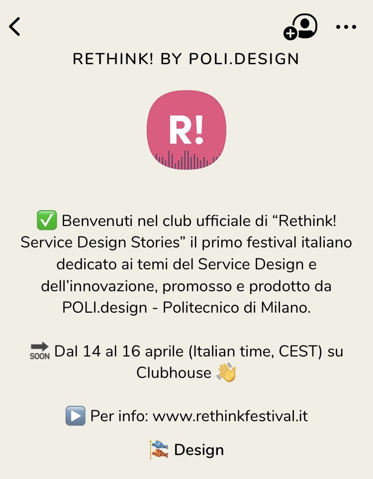 beavillari's tweet photo. Rethink! festival is back su #clubhouse parlando di #servicedesign #serviceinnovation #CircularEconomy #inclusività - join the Club https://t.co/e38AAdpGQA