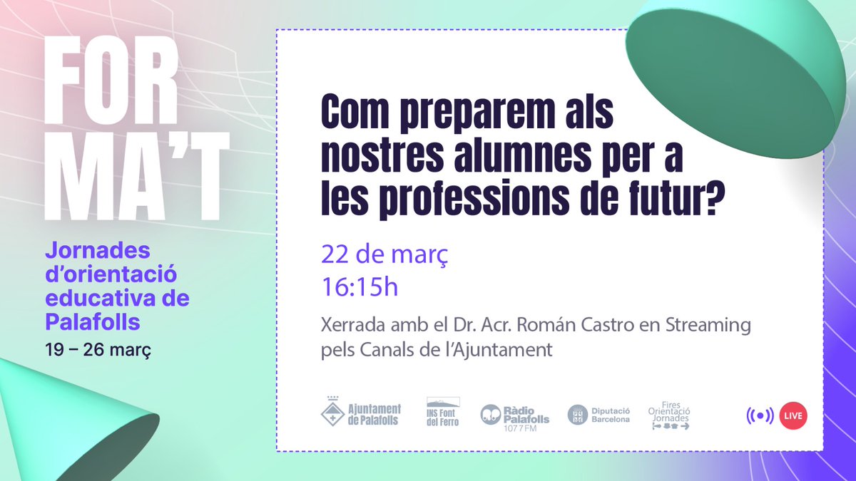 AjuntamentPLF's tweet photo. 🔴Aquesta tarda el #FormatPLF presenta diverses xerrades
👉Com preparem els nostres alumnes per les professions del futur?
⏰16:15 hores al Youtube de l'Ajuntament de Palafolls
#VilaEducadora https://t.co/8EwpV0usov