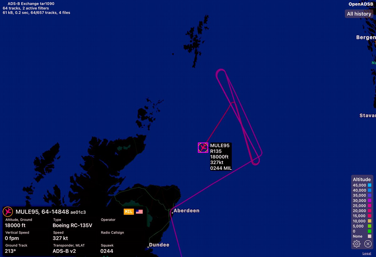 mil_scot's tweet photo. #MULE95 64-14848 #USAF RC-135V  showing interest #NorthSea #adsb #avgeek #osint https://t.co/2ZpTTofsdC