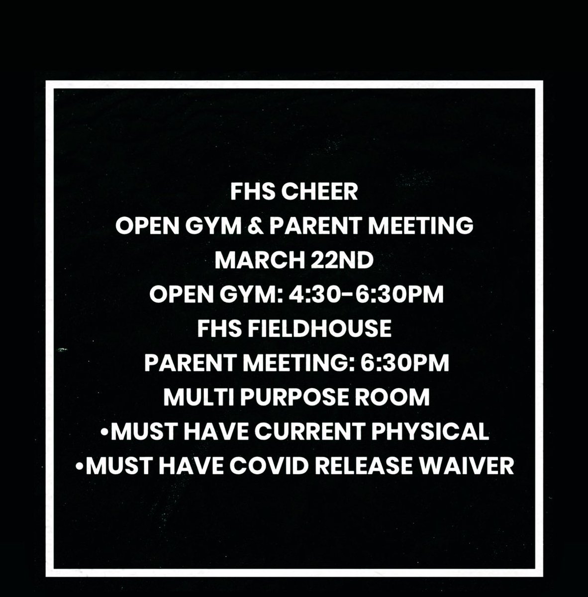 Don’t miss out!! If you have spring sports practice, you may come to the open gym late! If you cannot make it to the open gym but want to still tryout we encourage you and/or your parents to attend the parent meeting at 6:30pm! 
We will answer any questions you all may have!