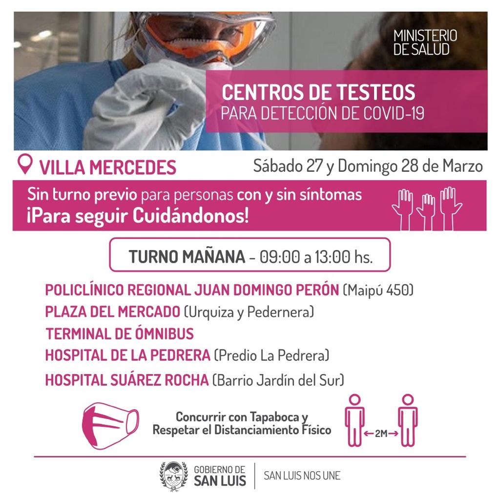 sanluisgob's tweet photo. ‼️😷Este fin de semana el Ministerio de Salud realizará un nuevo operativo de testeos en Villa Mercedes. Conocé los horarios y lugares ⬇️
#SaludSanLuis #COVID19 https://t.co/lGpemXMxYW