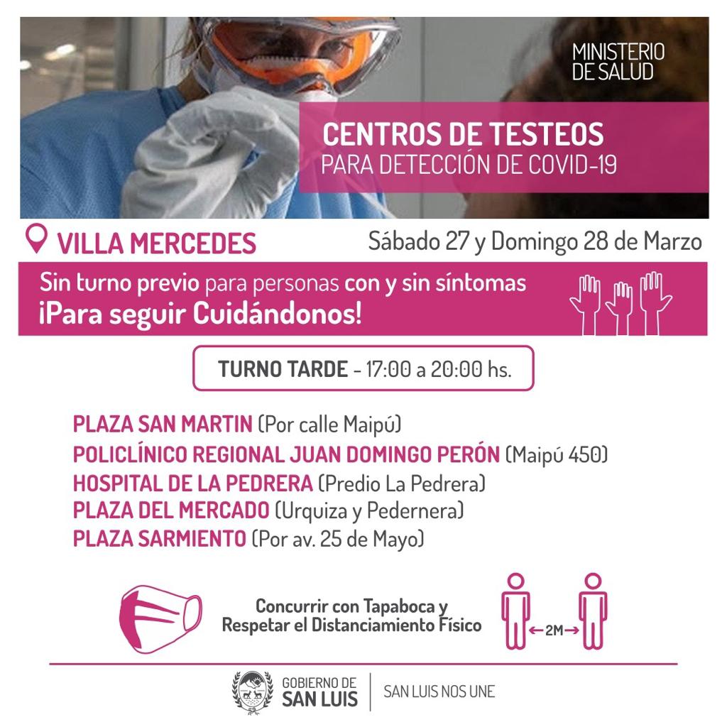sanluisgob's tweet photo. ‼️😷Este fin de semana el Ministerio de Salud realizará un nuevo operativo de testeos en Villa Mercedes. Conocé los horarios y lugares ⬇️
#SaludSanLuis #COVID19 https://t.co/lGpemXMxYW