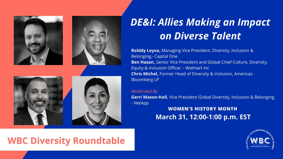 WBCollaborative's tweet photo. Join us, Wed., 3/31 @ 12:00 EST for a #DiversityRoundtable on allies making an impact. During this hour you will hear first-hand from these leaders how to affect and accelerate change. Don't miss this event! #WBCFasterTogether #WHM2021
Register today: https://t.co/SS9wr5axqx https://t.co/EQXpsoromN