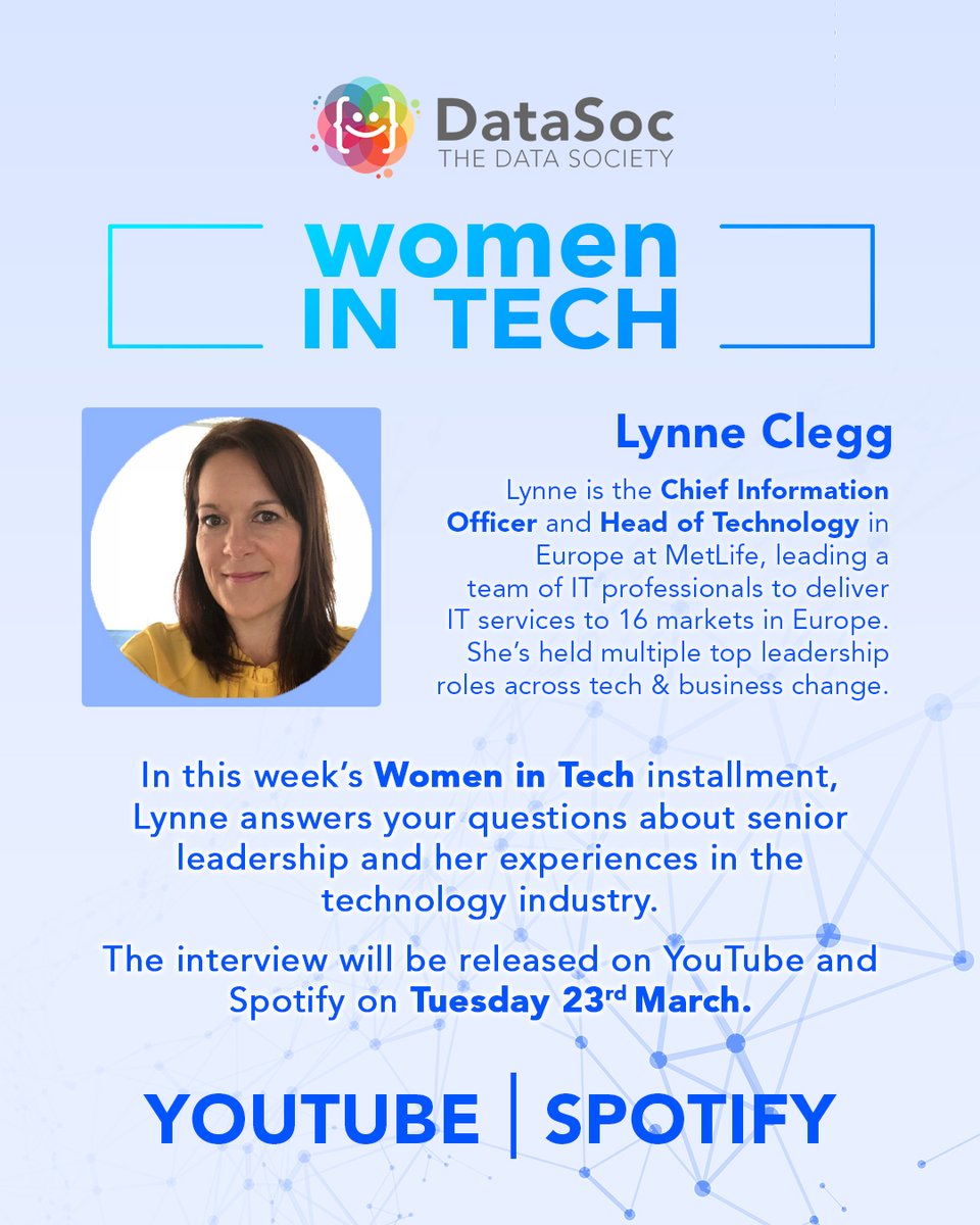 thedatasoc's tweet image. ** 𝐖𝐨𝐦𝐞𝐧 𝐢𝐧 𝐓𝐞𝐜𝐡 𝐒𝐩𝐞𝐚𝐤𝐞𝐫 𝐒𝐞𝐫𝐢𝐞𝐬 **

Lynne Clegg is the Chief Information Officer and Head of Technology Europe for MetLife.   

Watch this on Tuesday via our Youtube 👉youtube.com/channel/UC2B4W…