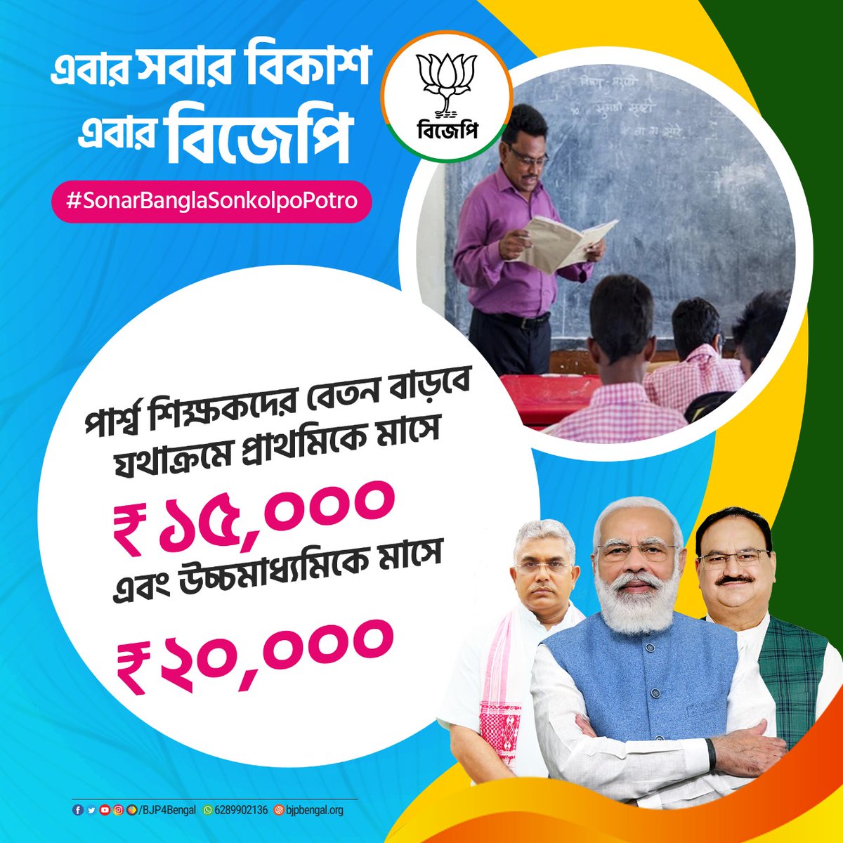 BJP4Bengal's tweet image. এবার সবার বিকাশ, এবার বিজেপি

পার্শ্ব শিক্ষকদের বেতন বাড়বে যথাক্রমে প্রাথমিকে মাসে ১৫,০০০ এবং উচ্চমাধ্যমিকে মাসে ২০,০০০। #sonarbanglasonkolpopotro