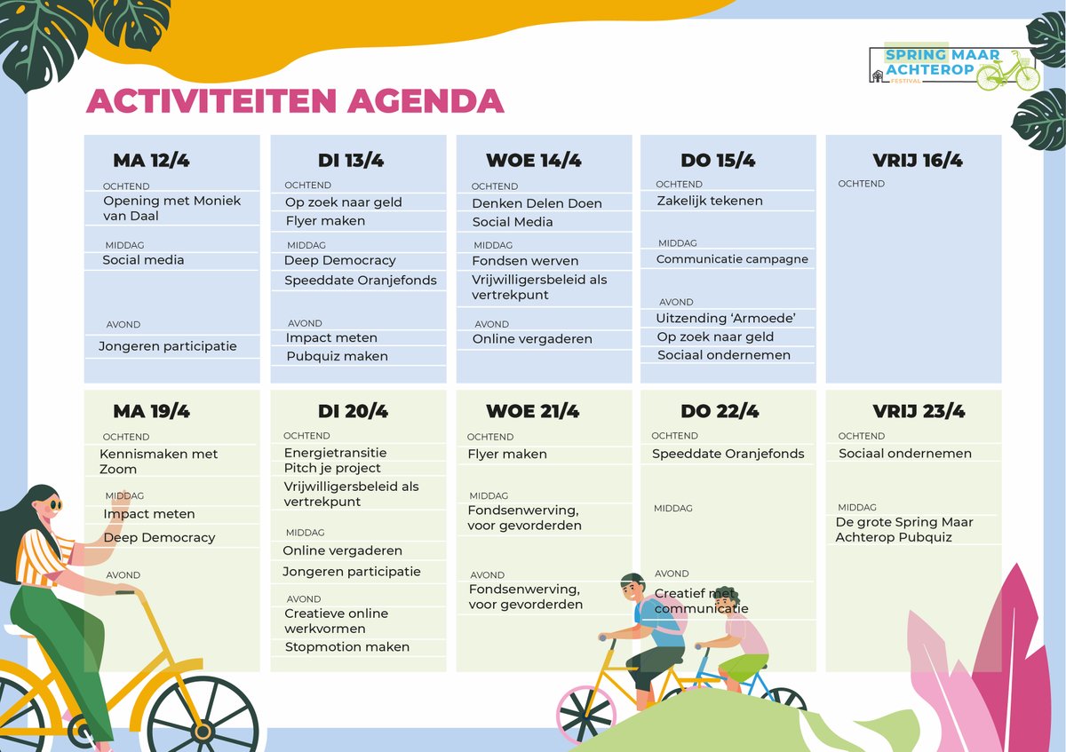 Tijdens het Spring maar achterop - Festival hebben we ontzettend veel interessante gratis webinars voor initiatiefnemers en sociaal ondernemers; over financiering, communicatie, vrijwilligers en nog veel meer. Welk webinar kom jij volgen? Meld je aan via leefbaarheidsalliantie.nl/springmaaracht…