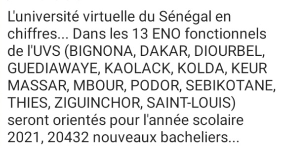 NdeyeMaguetteW5's tweet photo. L'université virtuelle du Sénégal en chiffres... Dans les 13 ENO fonctionnels de l'UVS seront orientés pour l'année scolaire 2021, 20432 nouveaux bacheliers...#kebetu #SENEGALISFREE #mackytravaille #partageleen #secondephase #FreeSenegal #team221 https://t.co/MlnfbWcfSl