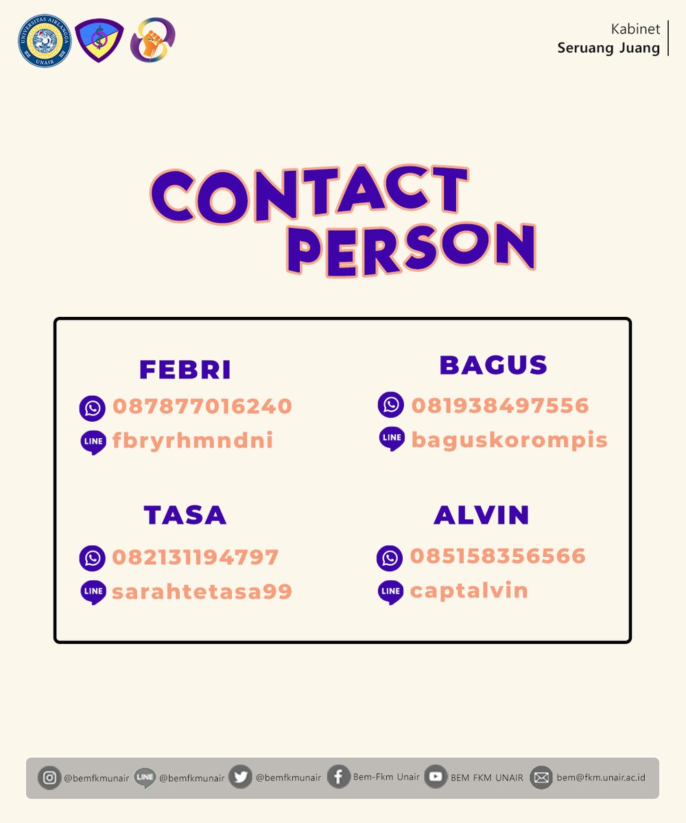 [SELAMAT DATANG KELUARGA BARU FKM UNAIR 2021]

Untuk informasi lebih lanjut mengenai grup mahasiswa baru, silahkan menghubungi CP yang tertera.

Sampai bertemu di kampus ungu!

----
#SatuRuangSatuJuang
#BEMFKMUNAIR2021