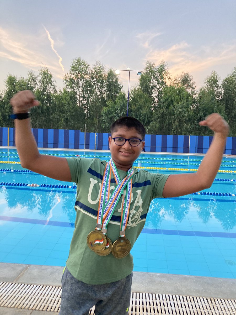 MaverickITGuy's tweet photo. My son Eeshan Agarwal won 3 Golds in the 20th National Paralympic Swimming competition held in Bangalore from 20-22nd Mar 2021. 
Thanks for your great support sir @ombakoria #swimming #nationals #paranationals #paralympics #paralympianEeshanAgarwal https://t.co/q7sYuMItJP