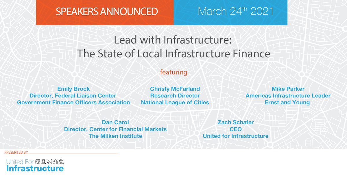 CandidateForum's tweet image. What's the landscape of local #infrastructure finance post-#AmericanRescuePlan? Join us Weds at noon ET for an expert conversation with @leagueofcities Christy McFarland @GFOA Emily Brock @EYnews Mike Parker @MilkenInstitute Dan Carol - Register: bit.ly/3f0oojj