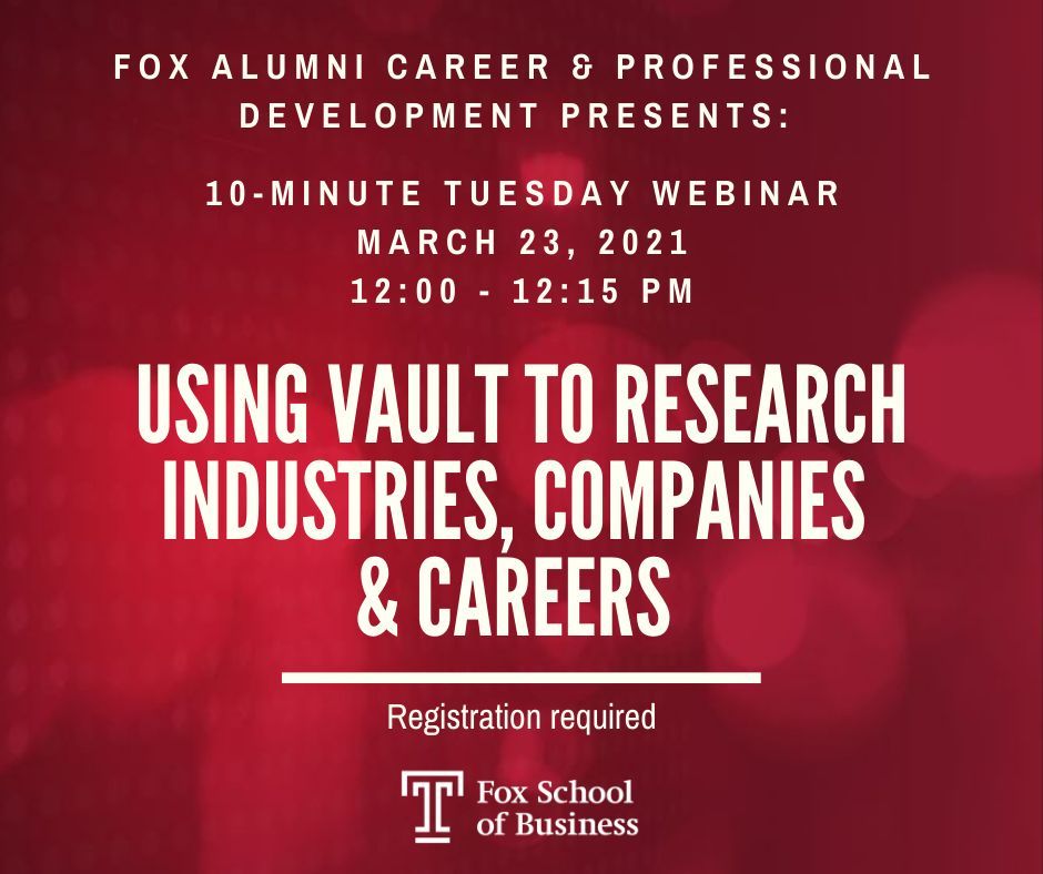 Looking for an easy way to do comprehensive research before making a career decision? Join CSPD tomorrow for a 10-Minute Tuesday session on how to use the research tool Vault to find essential information for your decision. Register here: bit.ly/March23TMT