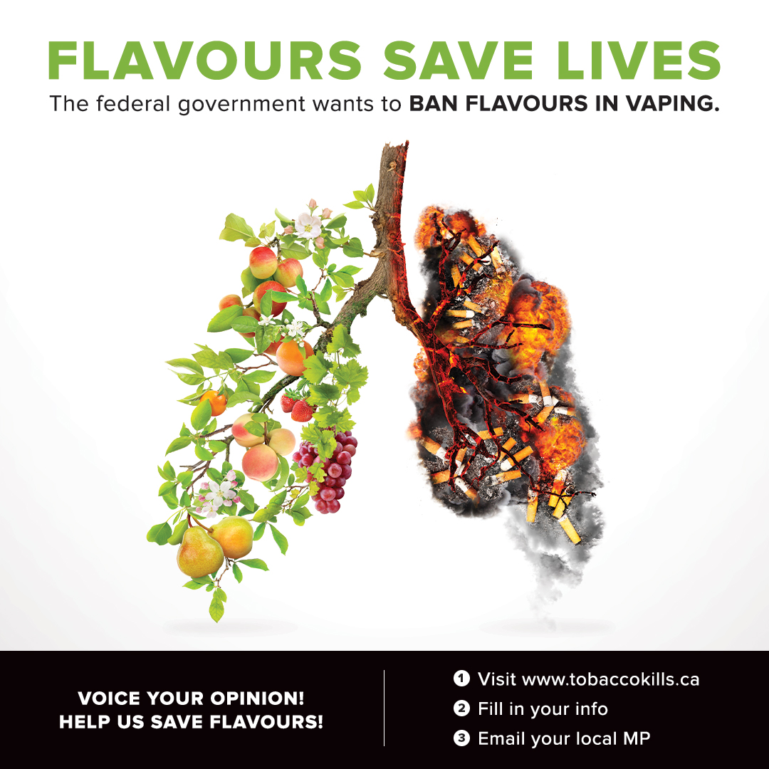 TobaccokillsC's tweet photo. Vapers and non-vapers! Let your voices be heard, contact your Canadian elected officials to save flavours... and save Canadians from combustible tobacco which kills 1 out of 2! https://t.co/3zYW7yDryK #vaping #vape #cdnpoli @GovCanHealth @PattyHajdu @JustinTrudeau https://t.co/trWTk5vg8k