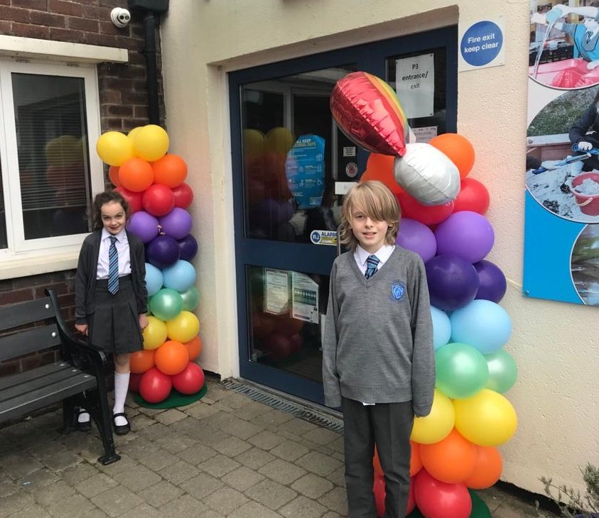 GilnahirkP's tweet photo. A big thanks to the Parents' Association for the 'balloons welcome' back to GPS. It was brilliant to see all the pupils back in school today https://t.co/TscuHyUntz