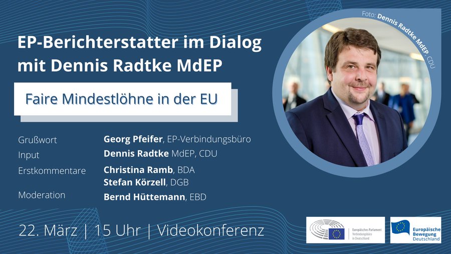 NetzwerkEBD's tweet photo. Wie können Mindestlöhne in der EU gestärkt werden? Welche Rolle soll & darf die #EU hierbei spielen? Diese Fragen diskutieren nun @RadtkeMdEP, Christina Ramb @DieBDA & Stefan Körzell @dgb_news mit #EBDGenSek @huettemann im EP-Berichterstatter im Dialog #EBDBiD, @EPinDeutschland https://t.co/bmSs2u5Pmq