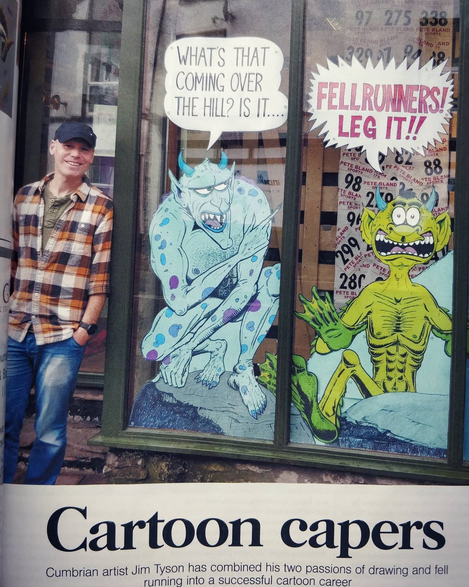 JimTyson73's tweet photo. Back in Jan I did an interview with Ian Lamming for @CumbriaLifeMag.
Delighted to see it in April's mag as a 4 page article including my fellrunning cartoons and photos. Also included is the pic of the window display in @peteblandsports I did @comicartfest festival in 2019. https://t.co/p5n4k82tsj
