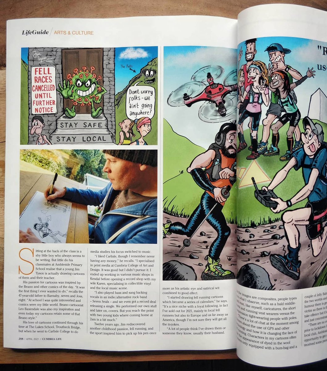JimTyson73's tweet photo. Back in Jan I did an interview with Ian Lamming for @CumbriaLifeMag.
Delighted to see it in April's mag as a 4 page article including my fellrunning cartoons and photos. Also included is the pic of the window display in @peteblandsports I did @comicartfest festival in 2019. https://t.co/p5n4k82tsj