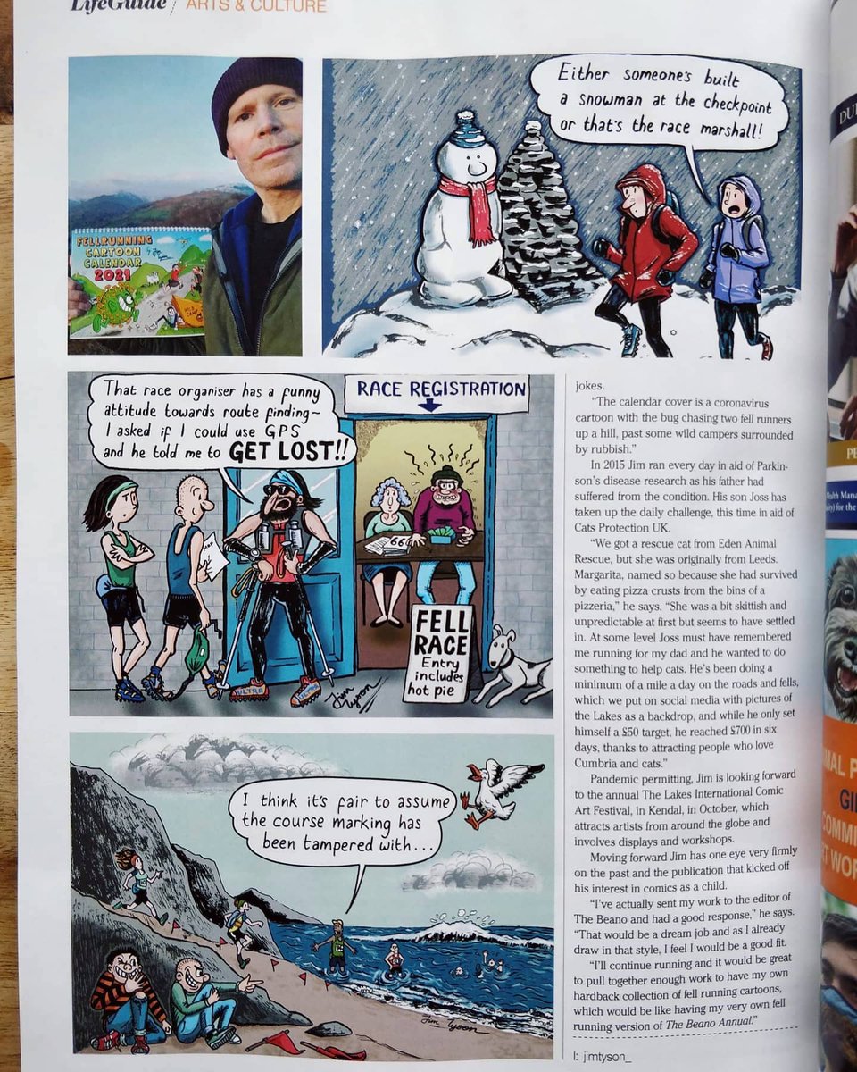 JimTyson73's tweet photo. Back in Jan I did an interview with Ian Lamming for @CumbriaLifeMag.
Delighted to see it in April's mag as a 4 page article including my fellrunning cartoons and photos. Also included is the pic of the window display in @peteblandsports I did @comicartfest festival in 2019. https://t.co/p5n4k82tsj
