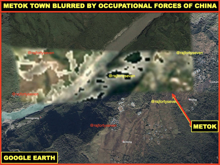 rajfortyseven's tweet photo. #China #CCP crackdown on #OSINT.
#GE blurs images of #Metok town in #Tibet #occupied by #China.
Blurring possibly at behest of occupational forces.
Ground sources indicate antecedent verifications of #Tibetans in the county.
Travel restrictions & much more.
#Dam be damned! https://t.co/KMugc87jWI