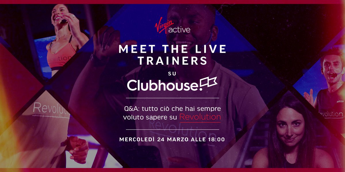 virginactiveIT's tweet photo. Vorresti parlare con i #LiveTrainer #Revolution?
Mercoledì 24 alle 18:00 saranno su #Clubhouse a raccontare la loro esperienza di allenamento con la community del fitness on demand più grande d’Italia. #AddtoCal la room cliccando qui https://t.co/oiF98qm5u9 https://t.co/0iYsiVxyEb