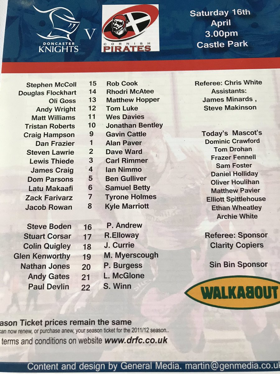Next up for <a href="/CornishPirates1/">Cornish Pirates</a> on <a href="/BBCCornwall/">BBC Cornwall</a> is a trip to Castle Park on Saturday to face <a href="/DoncasterKnight/">Doncaster Knights 🏉</a> in <a href="/Champrugby/">Elior Champ Rugby</a> 

Almost 10 years ago the Pirates won this game 27-24 with 2 tries from <a href="/rodmac007/">Rhodri Mcatee</a> I wonder if he remembers?