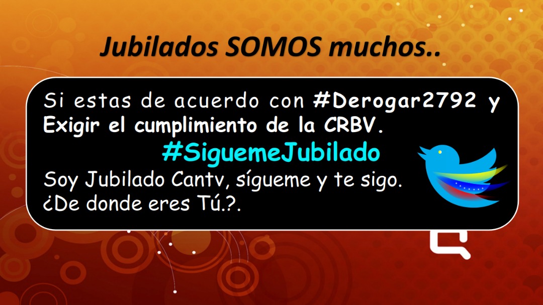 RRrcarlos57's tweet photo. #22Mar. #SiguemeJubilado
Atención Jubilados Cantv Col, es imprescindible incorporarnos todos juntos para recuperar nuestros Derechos Constitucionales y contractuales conquustados. Debemos exigir #Derogar2792 y aumentar Salarios y Pensiones segun Art 91 de CRBV
"Sígueme y te Sigo" https://t.co/MQ8imsE0nA