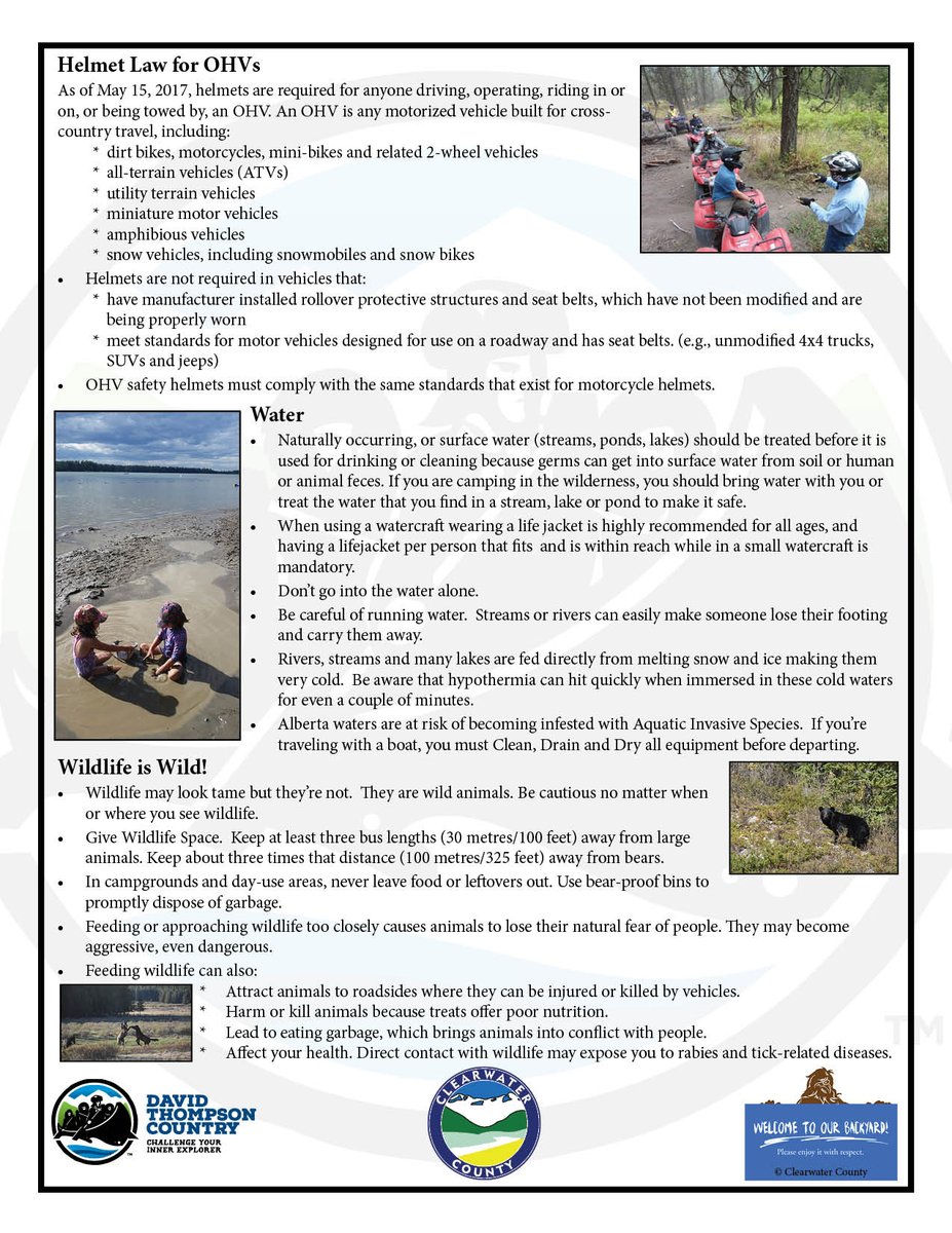 DTCountryAB's tweet photo. Nice weather brings out many visitors to enjoy our wilderness, waterways, and wildlife.  Please be aware of the following Laws and Guidelines for Summer Safety in David Thompson Country.  

#DTCountry #ClearwaterCnty #RockyMountainHouse #Nordegg #CarolineAB https://t.co/4JHOxOfgi1