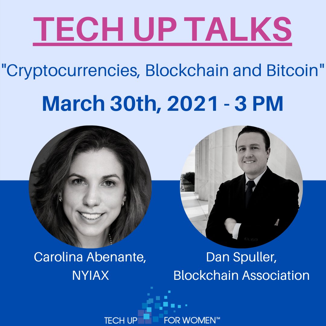 Join <a href="/NYIAXInc/">NYIAX, Inc</a> co-founder Carolina Abenante, ESQ, MBA iin in conversation with Dan Spuller, the Director of Industry Affairs for the <a href="/BlockchainAssn/">Blockchain Association</a> as they lead the next <a href="/TechUpforWomen/">Tech Up For Women</a> Tech Up Talks on March 30 @ 3pm EST.  techupforwomen.com/podcasts-video…